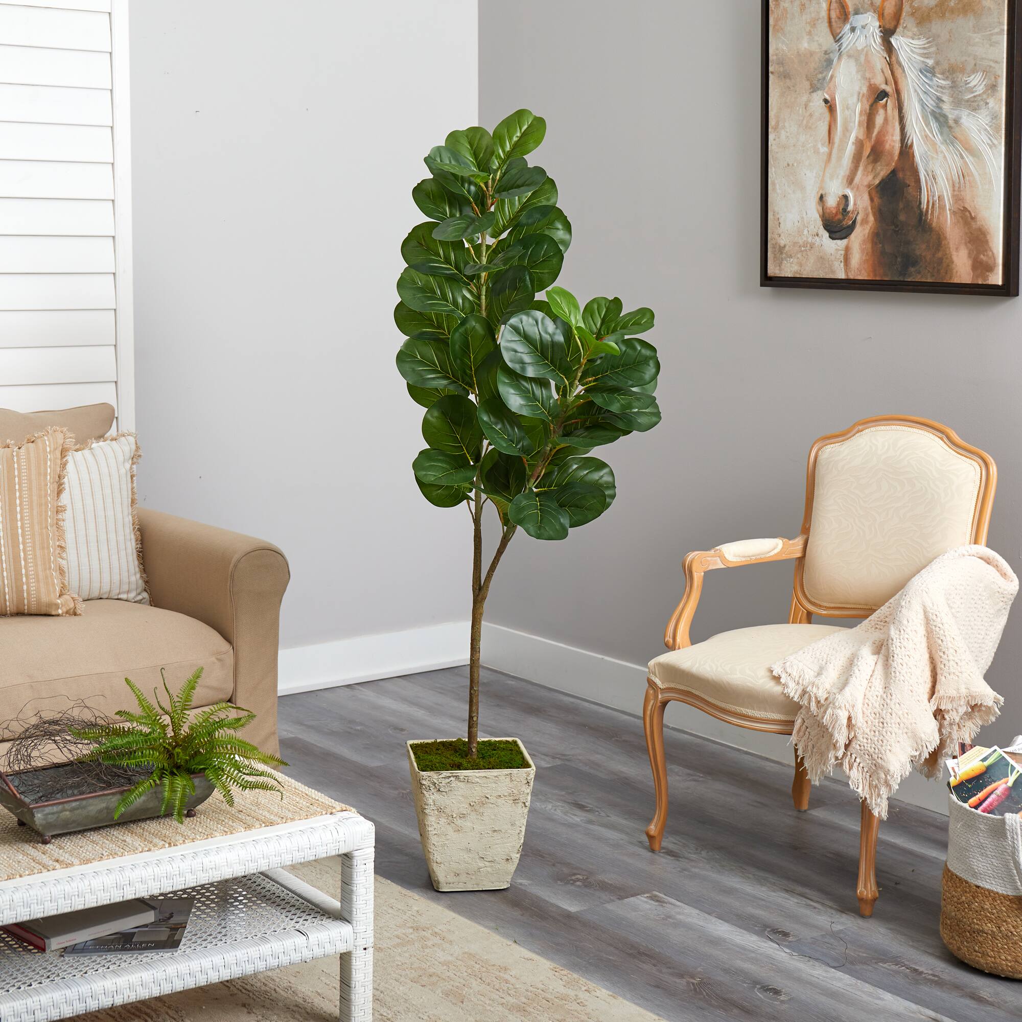 5.5ft. Fiddle leaf Fig Artificial Tree in Country White Planter